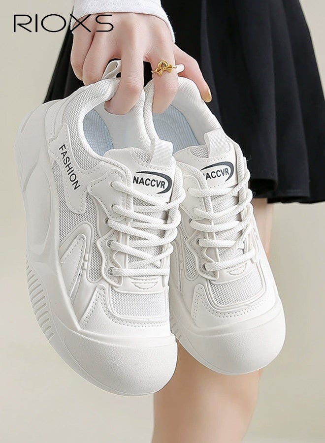 RIOXS Women's Breathable Casual White Sneakers, Fashionable Lace-Up Low-Top Thick-Sole Shoes, Classic Round Toe Comfortable Thick Sole, Versatile Everyday Style for Fashion and Practicality, White - Image 5